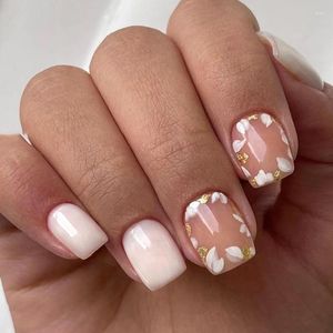 Falsas unhas 24 pcs curto quadrado pétala branca francês falso com pó de ouro capa completa imprensa em dicas de unhas destacáveis faça você mesmo