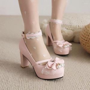 Dress Shoes 2023 Fashion JK Cute Sweet Lolita Platform Heels Black Pink Blue Bow Pearls Buckle Ankle Strap Pumps Wedding Bride Womens