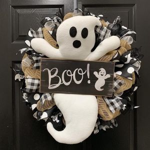 Juldekorationer Halloween Ghosts Boo Wreath Tecknad leende Ghosts Autumn Wreathes Home Party Hanging Pendant Decoration Supplies 230905