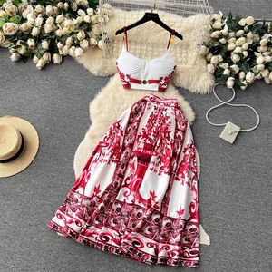 Ny Summer Beach Boho Holiday Semester Women Two Piece Dress Set Sexiga stropplösa modekprickar Skriv ut kort chiffongskjorta och hög W282R