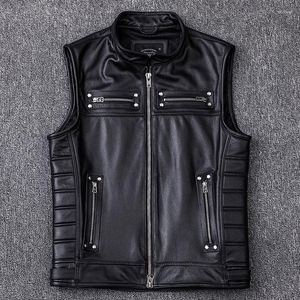 Men's Vests 2023 Genuine Cowhide Leather Vest Motorcycle Biker High Quality Stand Collar Sleeveless Jackets Zipper Waistcoat