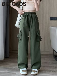 Womens Pants Capris BIVIGAOS Retro Green Overalls Women Spring Autumn High Waist Loose Wide Leg Cargo Pocket Streetwear Straight Casual 230905