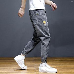 Calças de brim masculinas homem outono calças compridas cintura elástica lápis calças jeans cordão streetwear casual esporte masculino