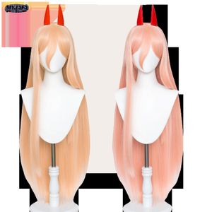 Cosplay perukları anime testere adamı makima güç cosplay peruk uzun turuncu pembe ısı dirençli sentetik saç partisi rol oynama perukları wigcap boynuzlar 230906