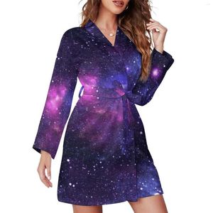女性用スリープウェア紫色のギャラクシーパジャマローブ宇宙空間星の星美学長袖vネックプリントパジャマローブトレンディドレス