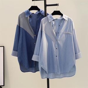 Женские блузки, джинсовая рубашка средней длины, женская осень 2023, корейская свободная лоскутная блузка в вертикальную полоску, женская тонкая верхняя одежда