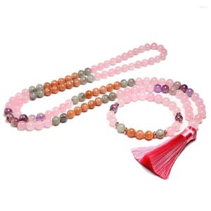 Necklace Earrings Set Natural 8mm Rose Quartz And Auralite 23 Beads 108 Bead Mala Grey Labradorite Jewelry Sunstone Buddha Bracelet Women