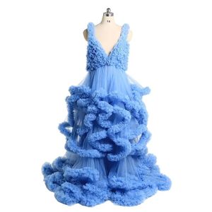 New arrival fluffy photo shoot maternity wedding gown luxurious marriage bridal wear morning gown ruffle kimono for photography