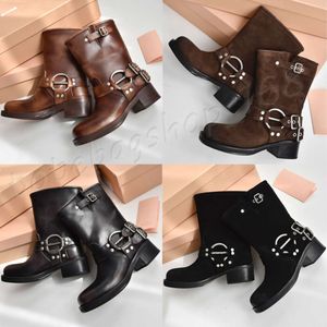 Designer Boots Women's Short Boot Miui Vintage Round Toe Platform Martin boots Leather Buckle Thick Heel Western Mid-calf Rider Boots Motorcycle Winter Ankle