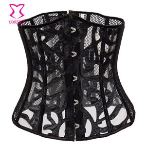 Czarna skóra fishnet podbust gorset Bustier seksowna bielizna espartilhos e corpetes gorsets gotycki odzież Korsett for Women305D