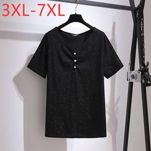 Women's Plus Size TShirt Ladies Summer Tops For Women Large Short Sleeve Loose Black Cotton Sequins Vneck Tshirt 3XL 4XL 5XL 6XL 7XL 230905