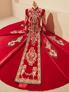 Roupas étnicas Tradicional Brinde De Noiva Chinês Borlas Vestido De Noiva Lantejoulas Beading Qipao