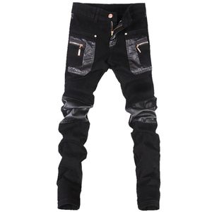 Bütün- Kore tarzı serin moda erkek punk pantolon deri fermuarlar siyah renk sıkı skenny artı boyut 33 34 36 rock pantolon319a