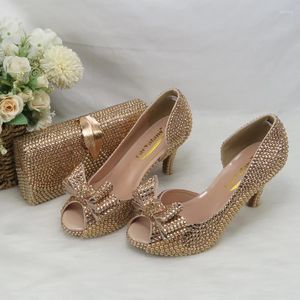 Kleid Schuhe Sommer Champagner Gold Kristall Hochzeit Braut mit Taschen Set Offene Spitze Perle Party Bow-Knoten Pumps Peep