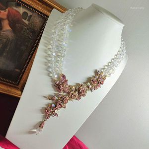 Chains Heavy Rose Camellia Flower Pendant White Crystal Necklace For Women's Clothing Accessories