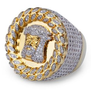 Męski hip hop lodowane kamienie pierścionki moda złota Jezus Pierścień biżuteria Wysoka jakość symulacyjna pierścień diamentowy