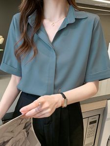 Women's Blouses Blouse 2023 Summer White Black Shirt Minimalist Button Up Chiffon Korean Style Clothing Short Sleeve Simple Top