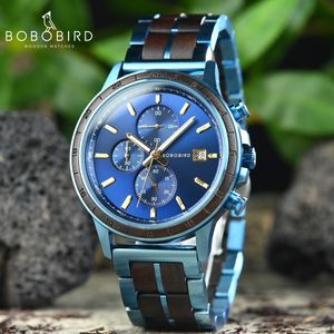 Armbandsur Bobo Bird Mens Wood Watch Classic Blue Military Chronograph Top Quartz armbandsur Japanese Movement Box Custom 230905