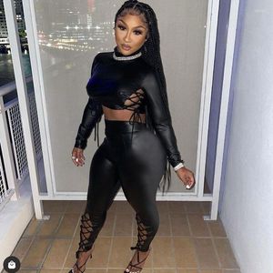 Women's Two Piece Pants Black PU Leather Set Women Matching Sets Lace-up Bandage Long Sleeve Crop Top Leggings Rave Night Club Outfits