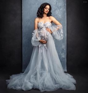 Casual Dresses Gorgeous Gray Floral Maternity For Pregnancy Gown Off The Shoulder 3D Applique Tulle Babyshower Pography Dress Custom