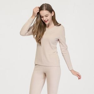 Women's Sleepwear Real Silk Pull-down Thermal Underwear Set Mulberry Knitted V-neck Plus Thick Pajamas For Women