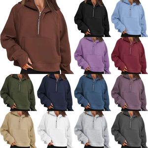 Moletons femininos com capuz LU Hoodies femininos lulu Scuba moletons oversized com meio zíper cortados em lã para ginástica esportiva com bolsos com buraco para polegar limão outono