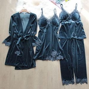 Женская одежда для сна, осенне-зимняя бархатная пижама, комплект из четырех предметов, женский сексуальный банный халат с кружевной отделкой, ночная рубашка, свободная велюровая домашняя одежда, пижамный костюм