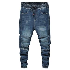 Jogging byxor man jeans elastisk midja dragkammare blå avslappnad avsmalnande herr modebyxor män överdimensionerade 42 065292j