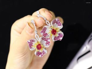 Dingle örhängen 925 Silver Zirconia handgjorda blomma droppar för kvinnor känsliga trend damer prom dingling smycken