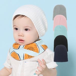 Chapéu de malha infantil outono e inverno cor pura gorro de lã listrado manter a cabeça quente crochê malha bonés para meninos e meninas m259f