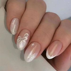 False Nails 24pc Christmas Snowflake Design Fake Oval Black Edge Glitter French Almond Nail Full Cover Detachable Tip