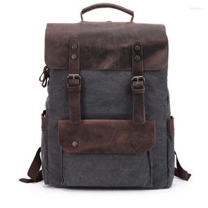 Backpack Military Canvas Fashion Men's Genuine Leather Women Bagpack Teenager School Bag Male Large Trave Rucksack