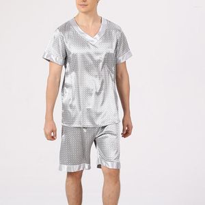 Mäns sömnkläder Casual Silk Satin Pyjamas Set Geometry Print Silver Grey V Neck Shorts Sleeve Tops T Shirt Set for Men