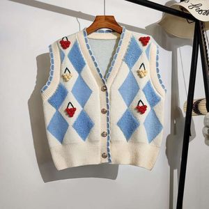 Cherry Sticked Vest for Women Autumn Style College Age Minskar ärmlös tröja Cardigan