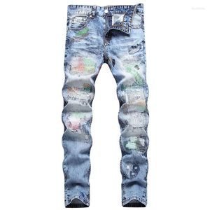 Jeans masculinos 2023 outono com bordado colorido fio desgrenhado buraco quebrado personalizado pés pequenos calças de cintura média