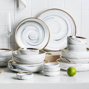 Dinnerware Sets Marble Grey Ceramic Tableware Dinner Serving 6/8/10Person With Cutlery Dinning Plates And Bowls Set Restaurant