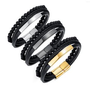 Strand Personalized Retro Beaded Leather Multi-Layer Braided Bracelet With Stainless Steel Curved Card Magnetic Buckle Accessories