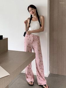 Calças femininas urso impresso jeans mulheres 2023 verão cintura alta magro reto fêmea rosa rua senhora casual perna larga denim calças