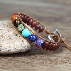 Braccialetti con ciondoli 7 Chakra Bracciale in pelle Boemia Pietra naturale Perline rosse Punto Yoga Guarigione Reiki Avvolgi gioielli fai da te fatti a mano