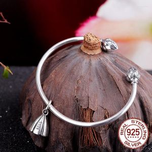 Armreif aus reinem 925er-Sterlingsilber, Seedpod des Lotus-Charm-Armbands, Armreifen für Frauen, offen, verstellbar, einfache Marke