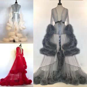 Work Dresses Fashionable Bridal Feather Nightgown Transparent Robe Tulle Lady Sexy Lingerie Long Skirt