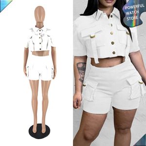 Women's Two Piece Pants Fashion Short Set Black Elastic Sleeve Button Multi Pocket Workwear Streetwear 2023 Summer Clothing 230906