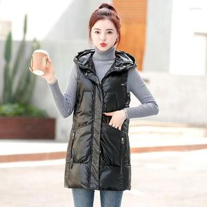 Gilet da donna Giacca invernale da donna Cappotto caldo in cotone lucido 2023 Parka coreano senza maniche Gilet lungo con cappuccio femminile Giubbotti