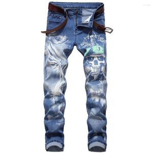 Mäns jeans mager män 3d tryck mönster streetwear mode sträckt man jean gotisk blå denim pantalones hombre para byxor