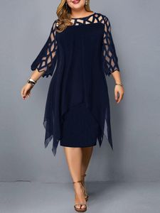 Urban Sexy Dresses Elegant Midi Party Dress For Chubby Women Xxl O Neck Lace Sleeve Hollow Out Solid Sexy Women'S Clothing Evening Dresses 230906