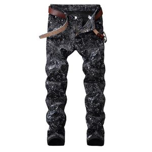 Męskie dżinsy 2021 Męskie spodnie Slim Fit Fashion Black Printed Elasteed Ołówek denim336y