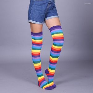 Skarpetki dla kobiet Rainbow Knee High Plus Size Stockings maskaradę bawełniana długa cukierka kolor pasiasty Kawaii Daddys Girl Party