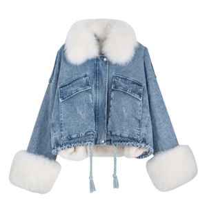 Womens Jackets DISCVR European And American Denim Jacket Detachable Loose Large Fur Collar Plus Velvet 230906