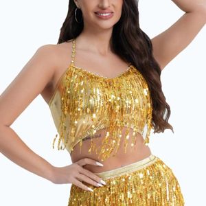 Bühnenkleidung Bauchtanz Kostüm BH Pailletten Club Party Festival Rave Sexy Fransen Crop Tops Outfit Glänzendes Gold Schwarz Rot Bauchtanz