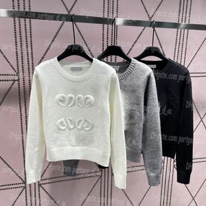 Vintage Women T Shirt Knitted Embroidered Jumper Tops Autumn Spring Round Neck Knit Shirts Long Sleeve Tees Sweater